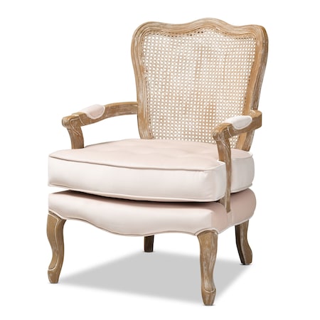 Baxton Studio Vallea Beige Velvet Upholstered White-Washed Oak Wood Armchair 156-9494